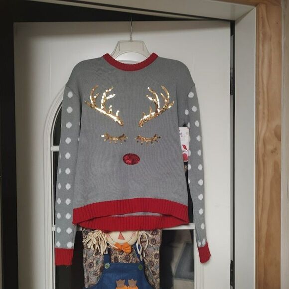 New Great Christmas Sweater Gray Red Gold Sequin Rudolph Sweater Size Women's XL - Picture 1 of 2